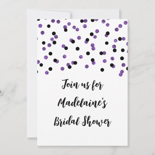 Black Paarse Confetti Bridal Shower-uitnodiging Kaart (Voorkant)