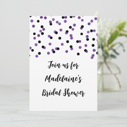 Black Paarse Confetti Bridal Shower-uitnodiging Kaart (Staand voorkant)