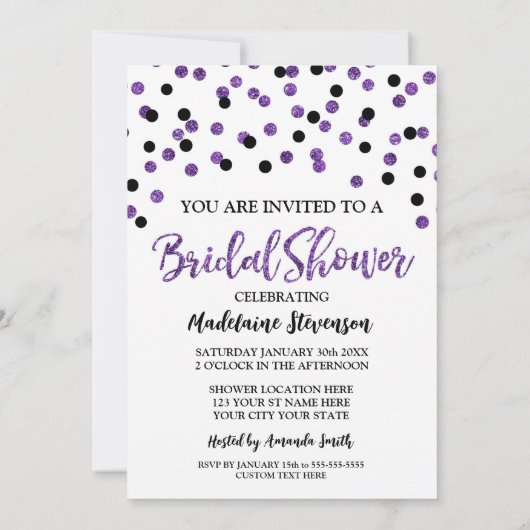 Black Paarse Confetti Bridal Shower-uitnodiging Kaart (Achterkant)