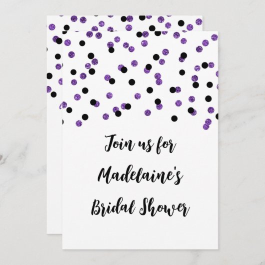 Black Paarse Confetti Bridal Shower-uitnodiging Kaart (Voorkant / Achterkant)