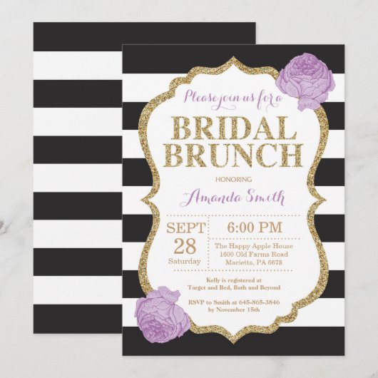 Black Paarse en Gold Brunch Douche Uitnodiging (Voorkant / Achterkant)