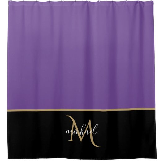 Black | Paarse en goudmonogram Elegant Luxe Douchegordijn (Voorkant)