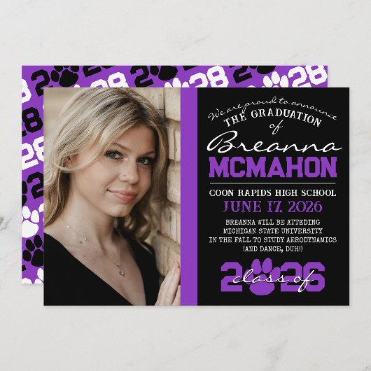 Black & Paarse Paw Print Afstuderen Aankondiging