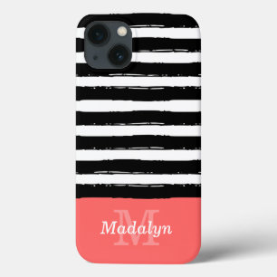 Black Paint Stripes Pattern met Coral Monogram Ca Case-Mate iPhone Case