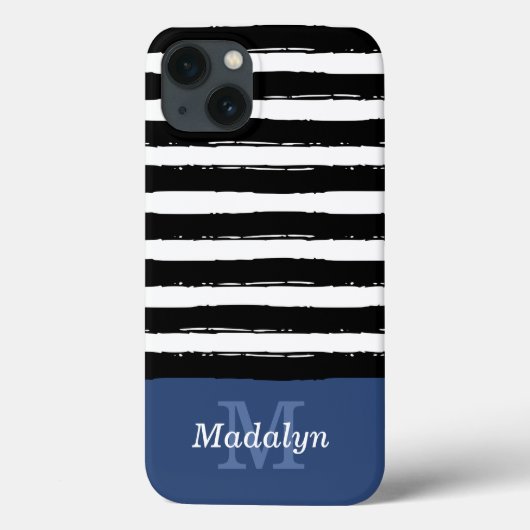 Black Paint Stripes Pattern met Navy Monogram Cas Case-Mate iPhone Case (Achterkant)