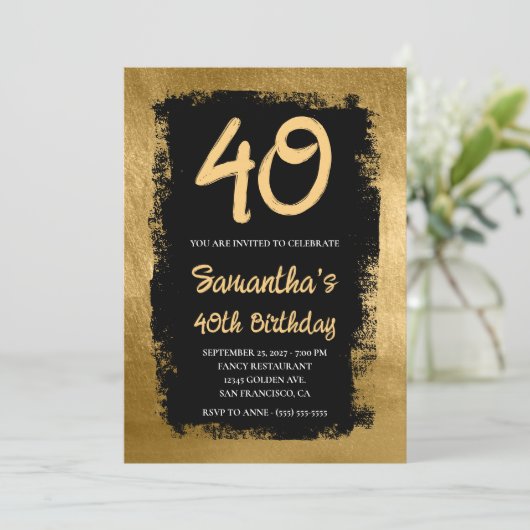 Black Painted Gold 40th Birthday Kaart (Staand voorkant)