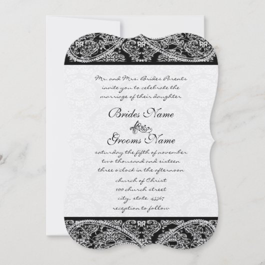 Black Paisley Damask Wedding Invitation Kaart (Voorkant)