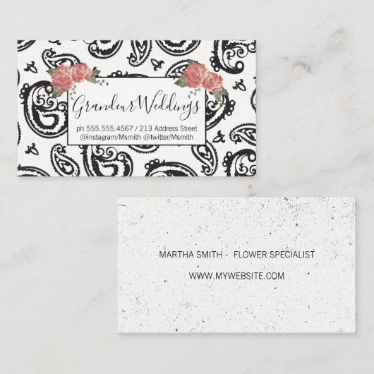 Black Paisley Flower Pattern | ROZEN Visitekaartje (Voorkant / Achterkant)