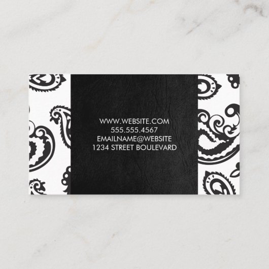 Black Paisley Flower Pattern | Zwart leder Visitekaartje (Achterkant)