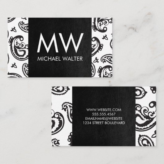 Black Paisley Flower Pattern | Zwart leder Visitekaartje (Voorkant / Achterkant)