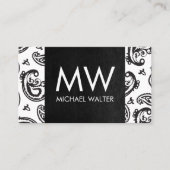 Black Paisley Flower Pattern | Zwart leder Visitekaartje (Voorkant)