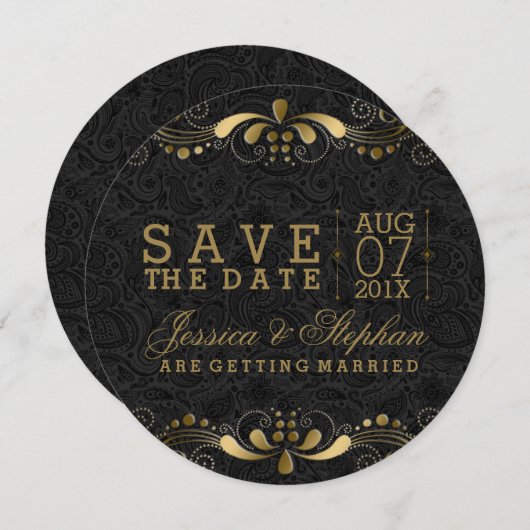 Black Paisley Gold Floral zwenkt de datum op Save The Date (Voorkant / Achterkant)