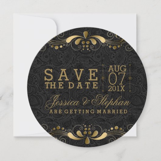 Black Paisley Gold Floral zwenkt de datum op Save The Date (Voorkant)