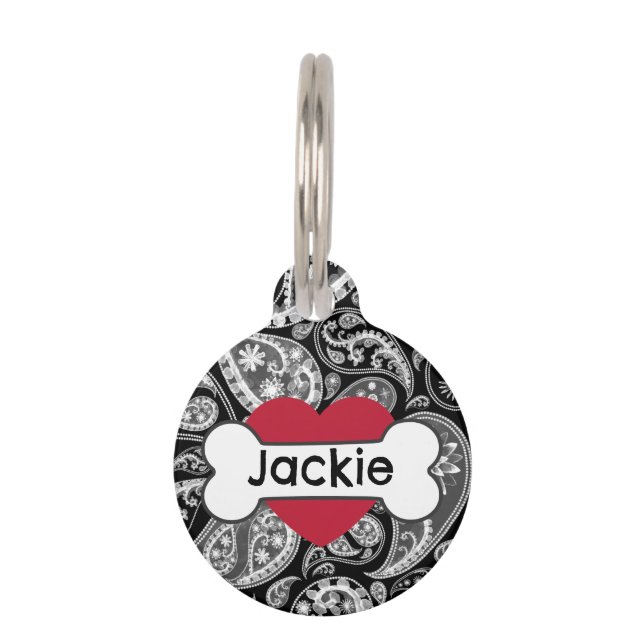 Black Paisley Heart Bone Huisdierpenning (Voorkant)