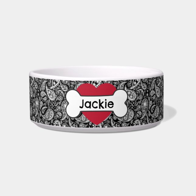 Black Paisley Heart Bone Medium Pet Bowl Voerbakje (Voorkant)