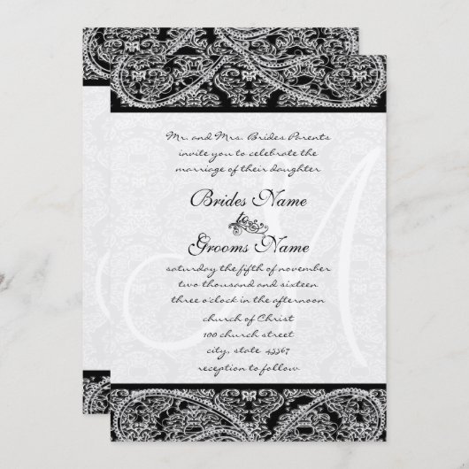 Black Paisley Monogram Damask Wedding Invitation Kaart (Voorkant / Achterkant)