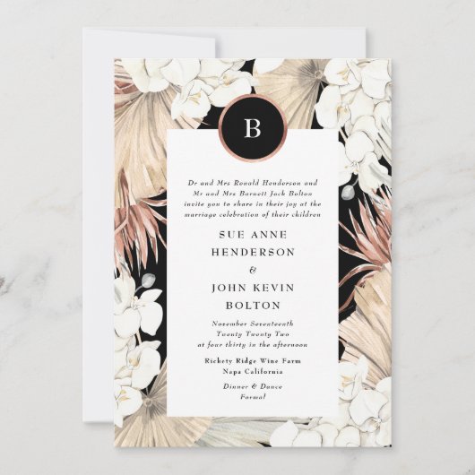 Black Pampas en Roos Gold Foil Wedding Kaart (Voorkant)
