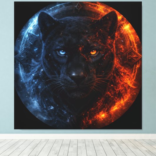Black Panther – Fire & Ice | Mystical Animal Fanta Canvas Afdruk (Insitu (Houten vloer))