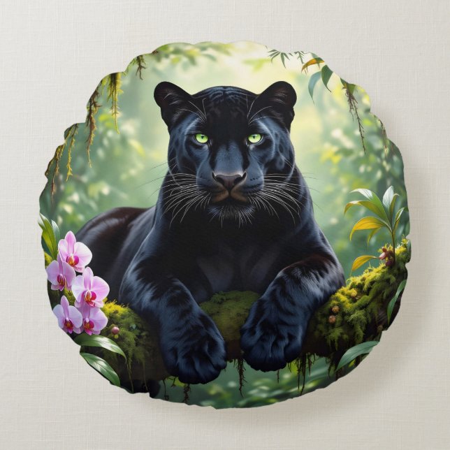 Black Panther in the Jungle Rond Kussen (Voorkant)
