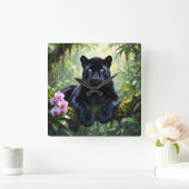 Black Panther in the Jungle Vierkante Klok (Huis)