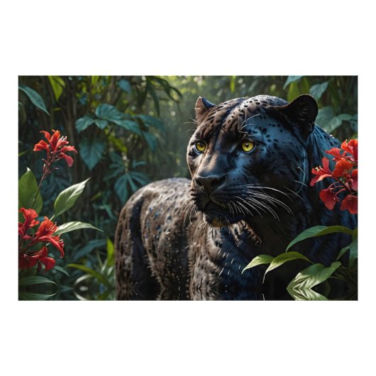 Black Panther - Jaguar in Oerwoud Rode Bloemen Foto Afdruk (Voorkant)