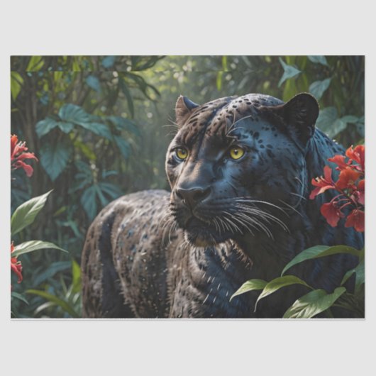 Black Panther - Jaguar in Oerwoud Rode Bloemen Tissuepapier (Voorkant)