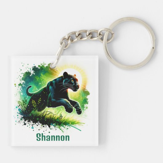 Black Panther met groene omgeving Monogram | Sleutelhanger (Achterkant)