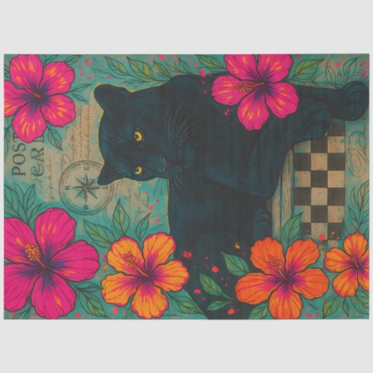 Black Panther met Hibiscus – Tropisch Gotisch Tissuepapier (Voorkant)