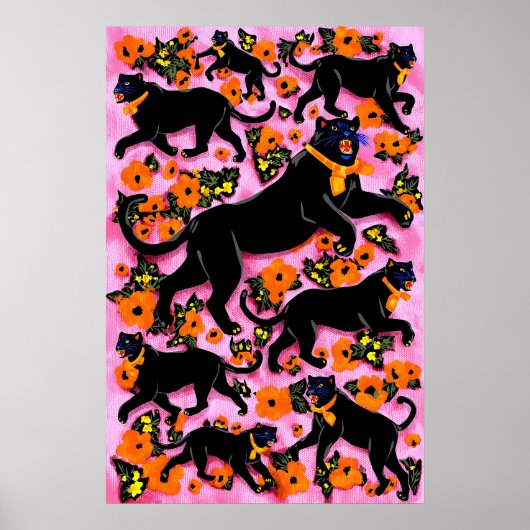 Black Panther Pop Art Print Maximalist Roze Bloem (Voorkant)
