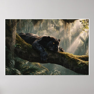 Black Panther Rustend op Tak in Dicht Bos | Poster