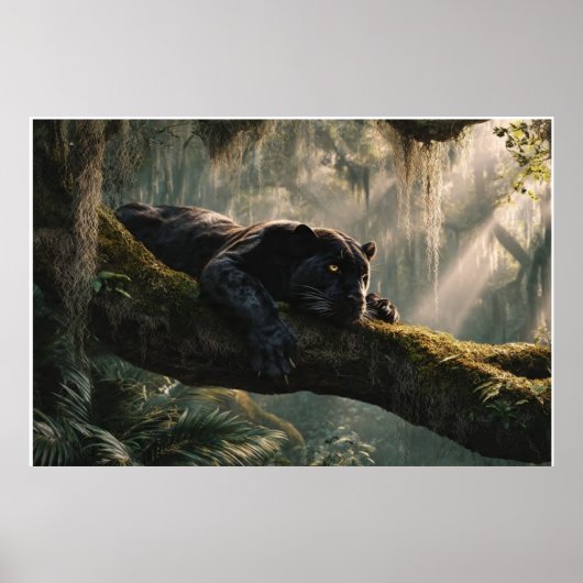 Black Panther Rustend op Tak in Dicht Bos |  Poster (Voorkant)