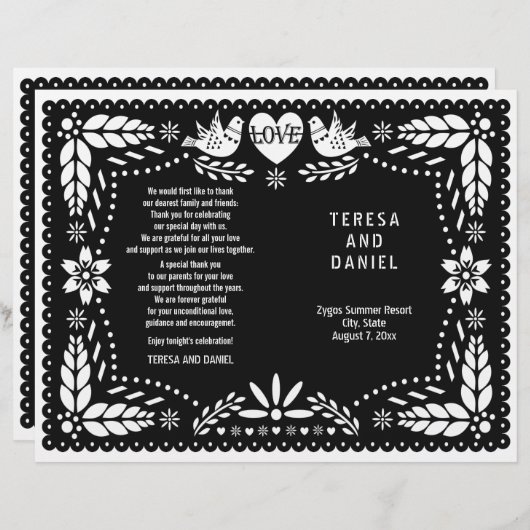 Black papel picado bruiloft fista-vouwprogramma (Voorkant / Achterkant)