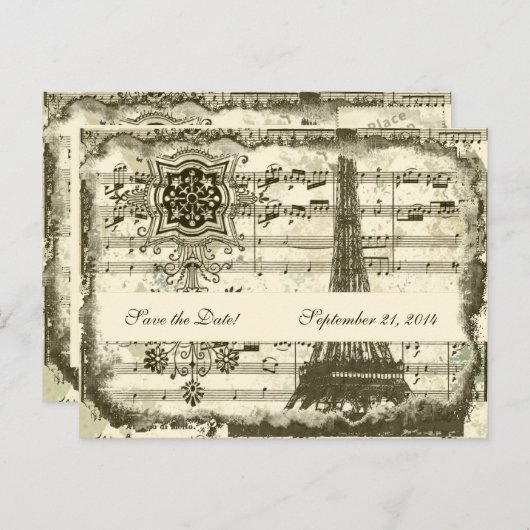 Black Paris Eiffel Tower Music Cream Bewaar de dat Aankondigingskaart (Voorkant / Achterkant)