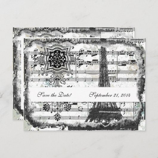Black Paris Eiffeltoren Muziek Save the Date Aankondigingskaart (Voorkant / Achterkant)