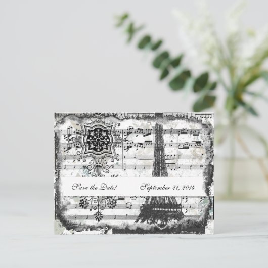 Black Paris Eiffeltoren Muziek Save the Date Aankondigingskaart (Staand voorkant)