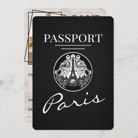 Black Paris Passport Bewaar de datum Save The Date (Voorkant / Achterkant)