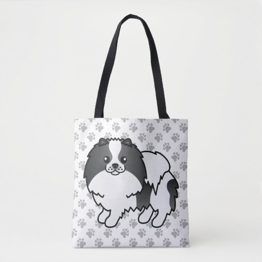 Black Parti-Color Pomeranian Cartoon Dog & Paws Tote Bag (Voorkant)