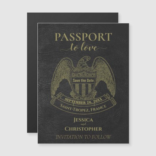 Black Passport Destination Wedding Bewaar de datum Magnetische Uitnodiging (Voorkant / Achterkant)