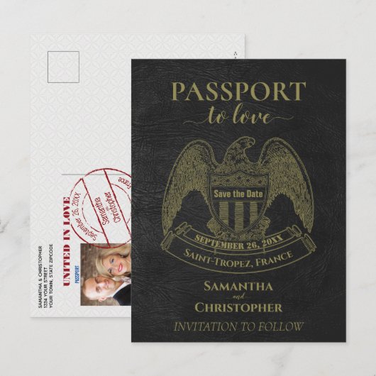 Black Passport Schattige Fun Wedding Save the Date Aankondigingskaart (Voorkant / Achterkant)