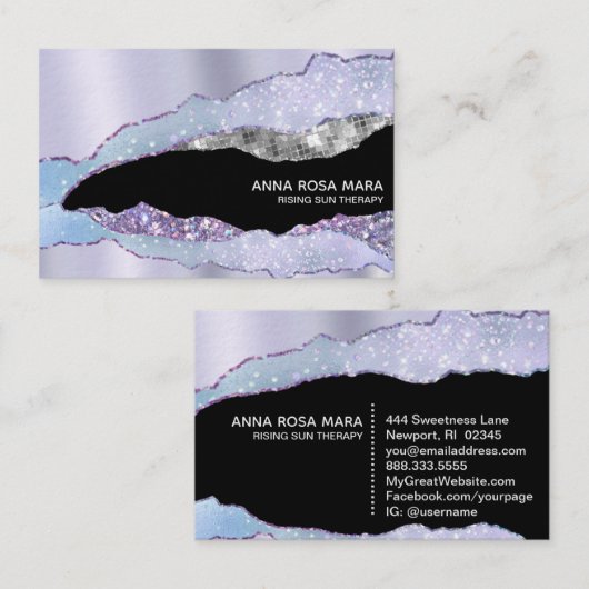 *~* Black Pastel Agate Geode Silver Glitter Glam Visitekaartje (Voorkant / Achterkant)