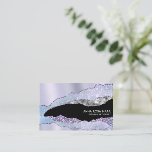 *~* Black Pastel Agate Geode Silver Glitter Glam Visitekaartje (Staand voorkant)