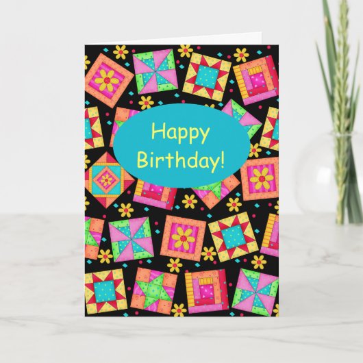 Black Patchwork Quilt Block Art Happy Birthday Kaart (Voorkant)