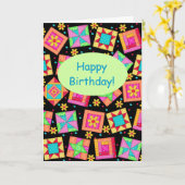 Black Patchwork Quilt Block Art Happy Birthday Kaart (Gele Bloem)