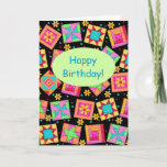 Black Patchwork Quilt Block Art Happy Birthday Kaart<br><div class="desc">"Happy Birthday" to a quilter or quilt lover with this colorful fully customizable greeting card. Add your own words and names. Het gevoel words inside the card can be customized to your own words. Origineel This art makes a vibrant color note or greeting card. Quilt art based on original art...</div>