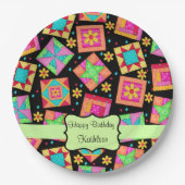 Black Patchwork Quilt Block Name Happy Birthday Papieren Bordje (Voorkant)