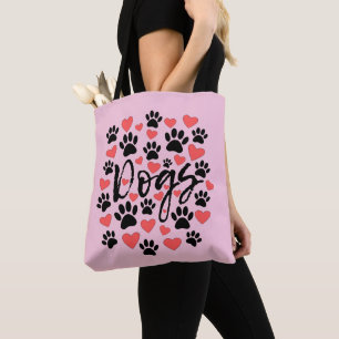 Black Paw drukt rode harten typografie roze Tote Bag