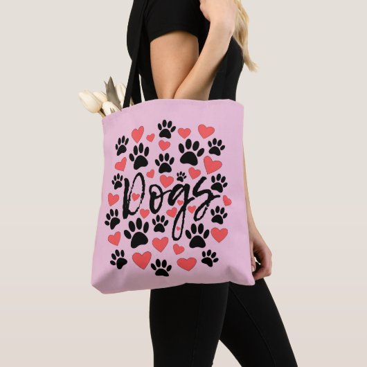 Black Paw drukt rode harten typografie roze Tote Bag (Dichtbij)