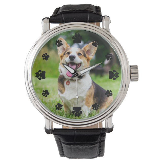 Black Paw Prints Add Your Pet Photo Horloge (Voorkant)