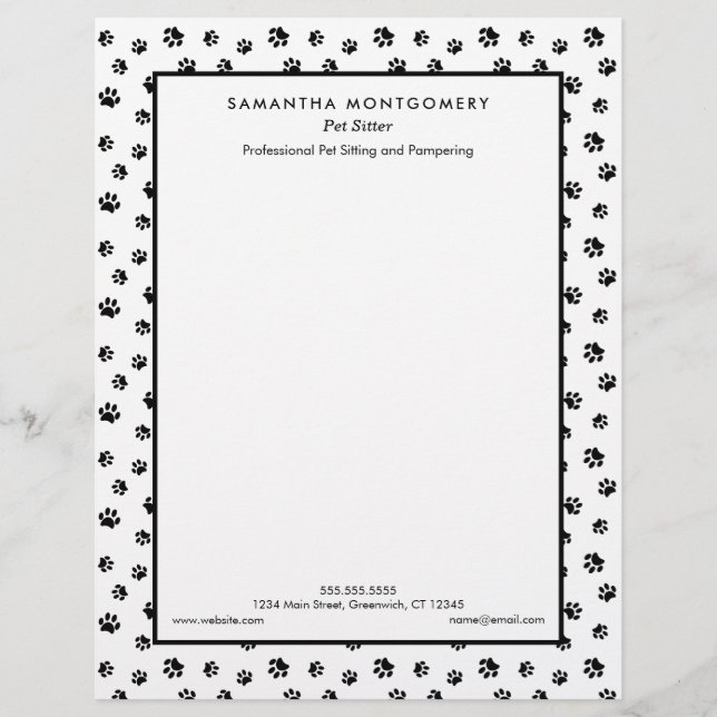 Black Paw Prints Huisdier Oppas Briefhoofd (Voorkant)