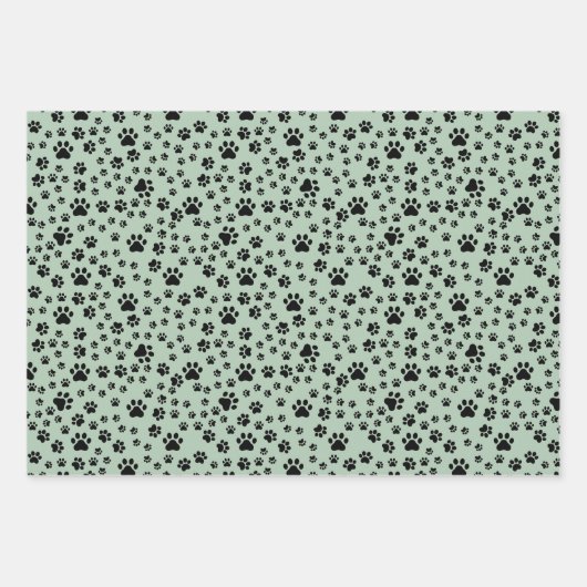 Black Paw Prints op lichtgroen Inpakpapier Vel (Voorkant)